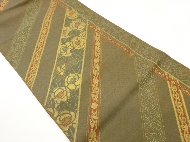 JAPANESE KIMONO / NAGOYA OBI / SILK / WOVEN DIAGONAL LINES & CAMELLIA & FLORAL ARABESQUE